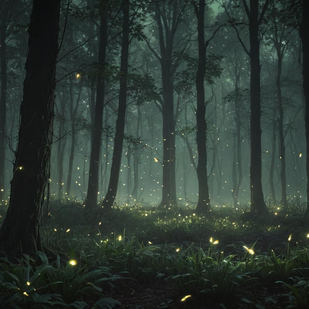 Fireflies illuminating a dark forest