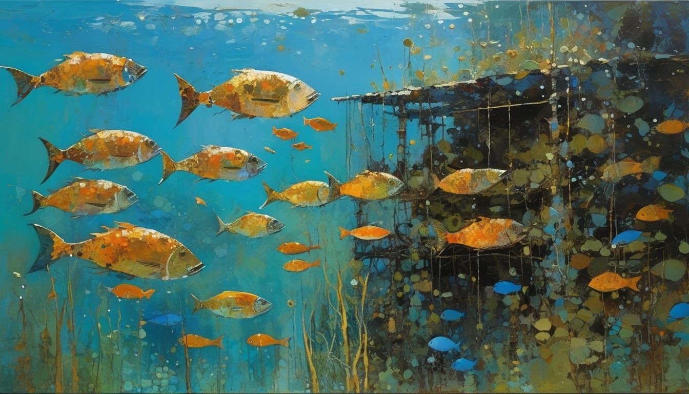 Underwater Oil Painting of Fish and Barnacles