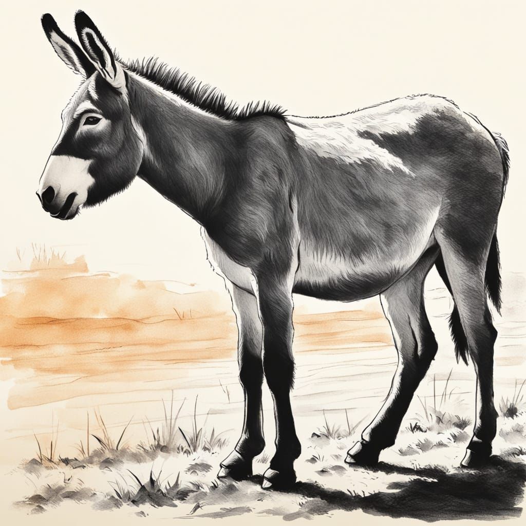 Pencil Sketch of Donkey and Sun in Warm Colors