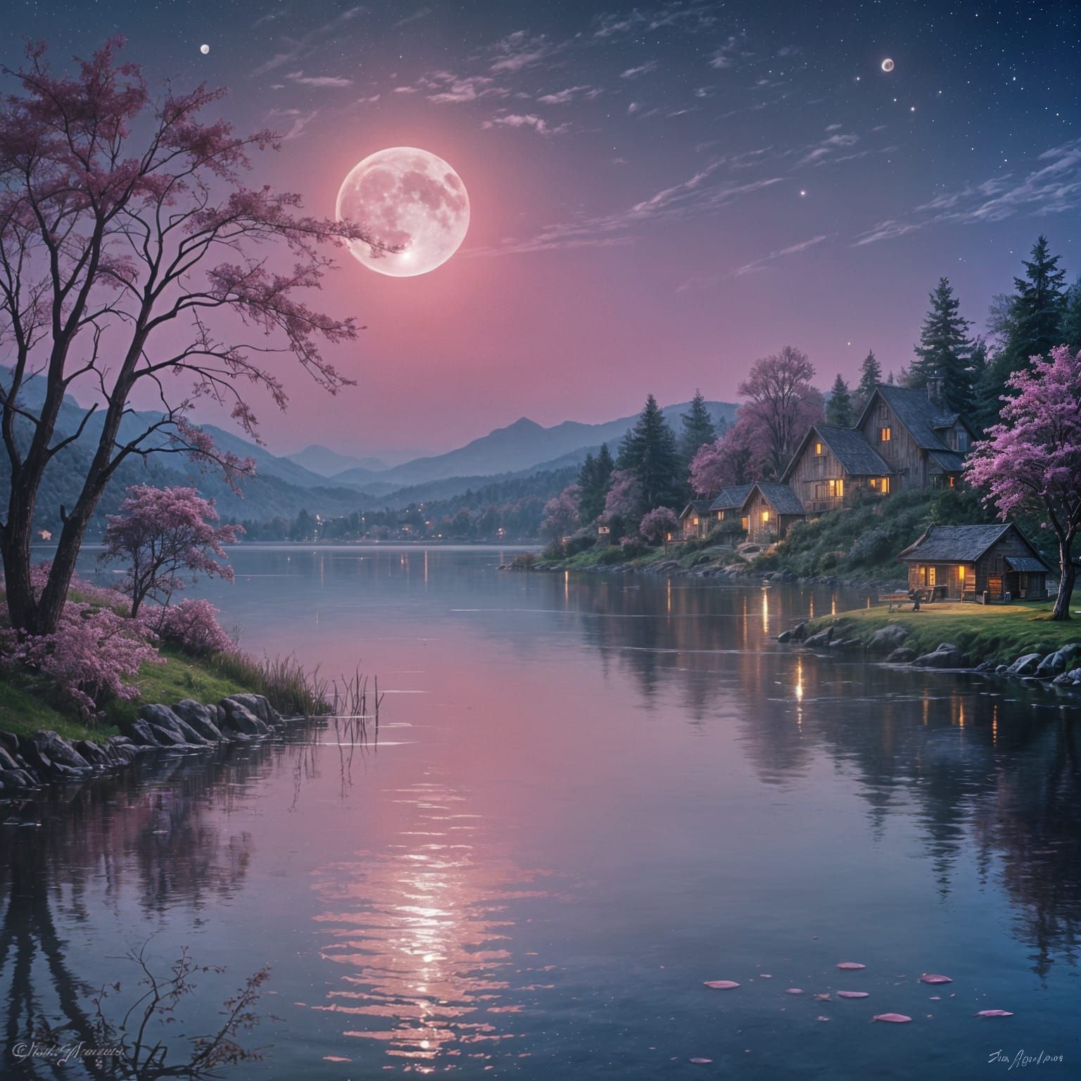 Pink Moonlit Village at Night in Oil Pastel