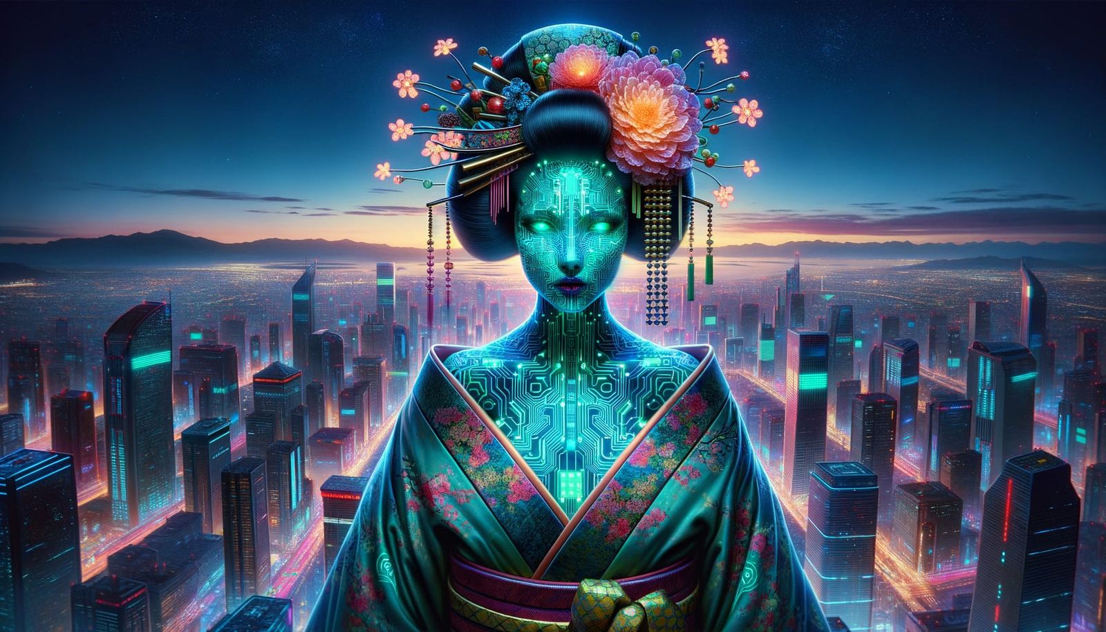 Cyberpunk Geisha Goddess in Neon Tokyo