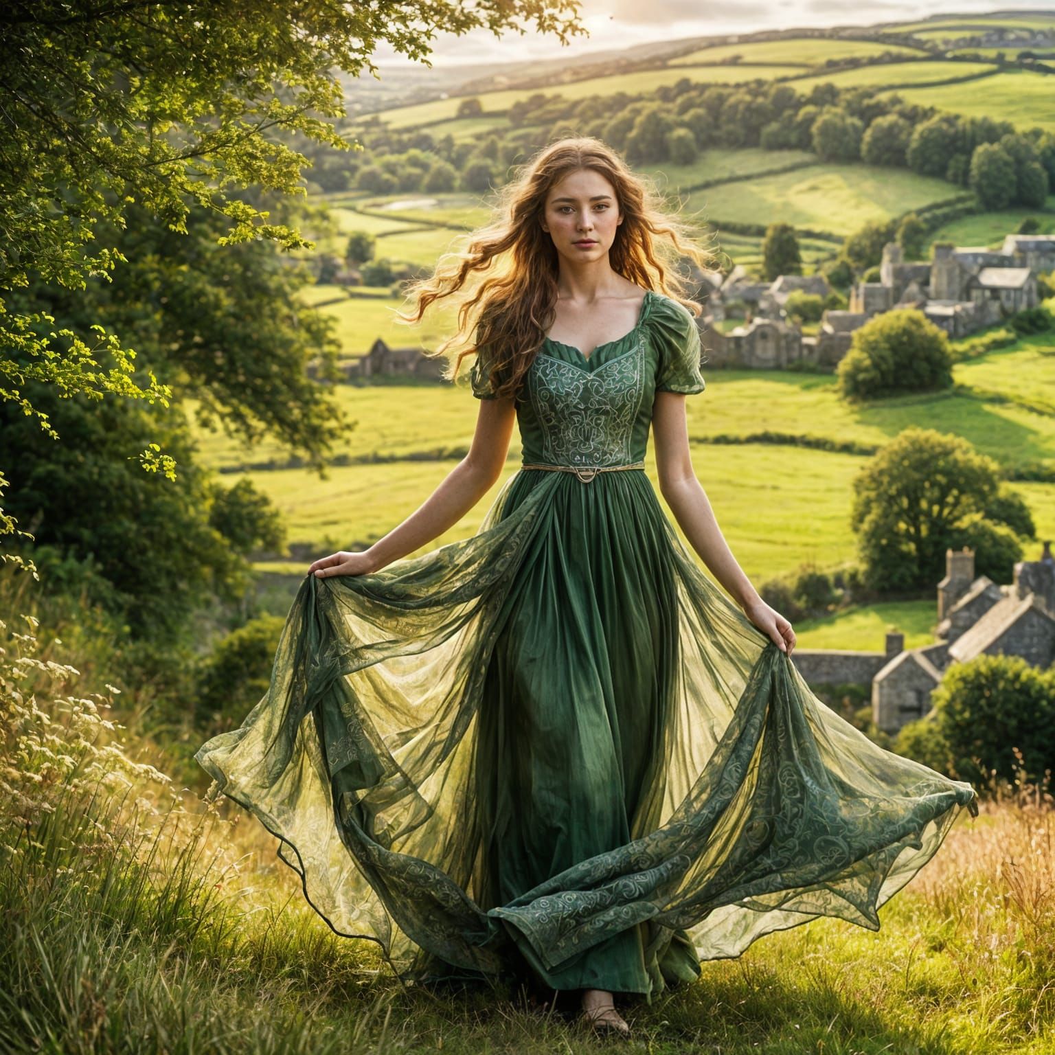 Irish Girl in Countryside Holding Flower