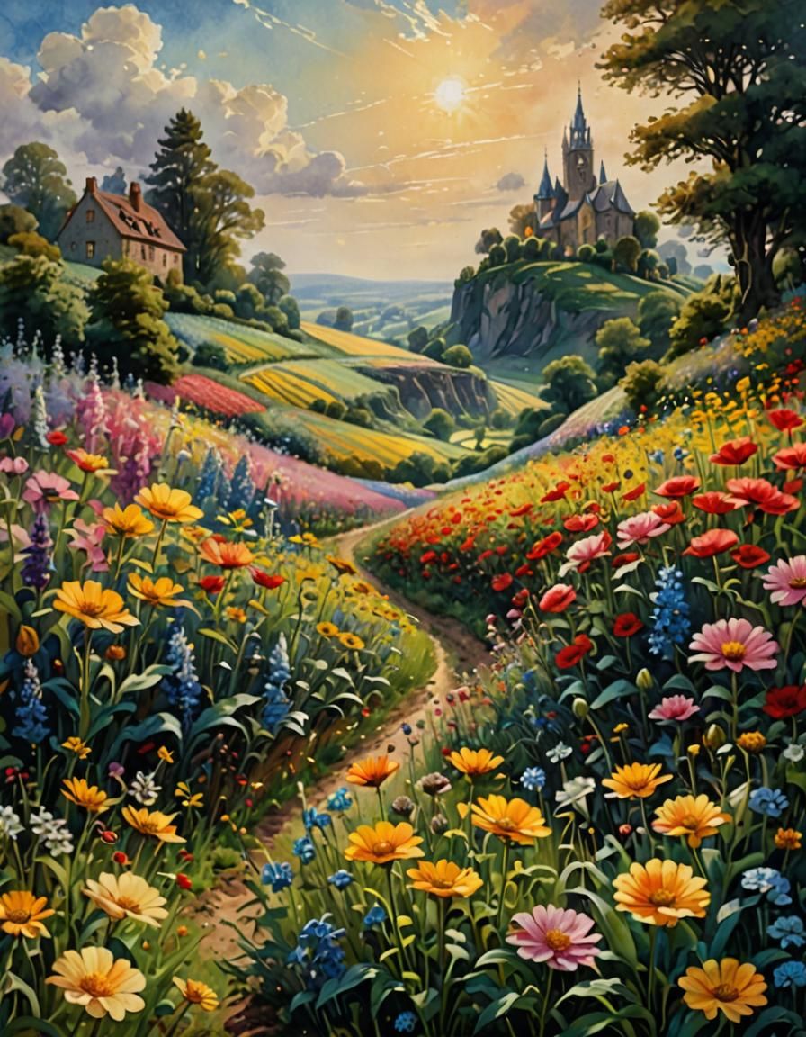 Godly Flower Field in Hyperdetailed Watercolour Style