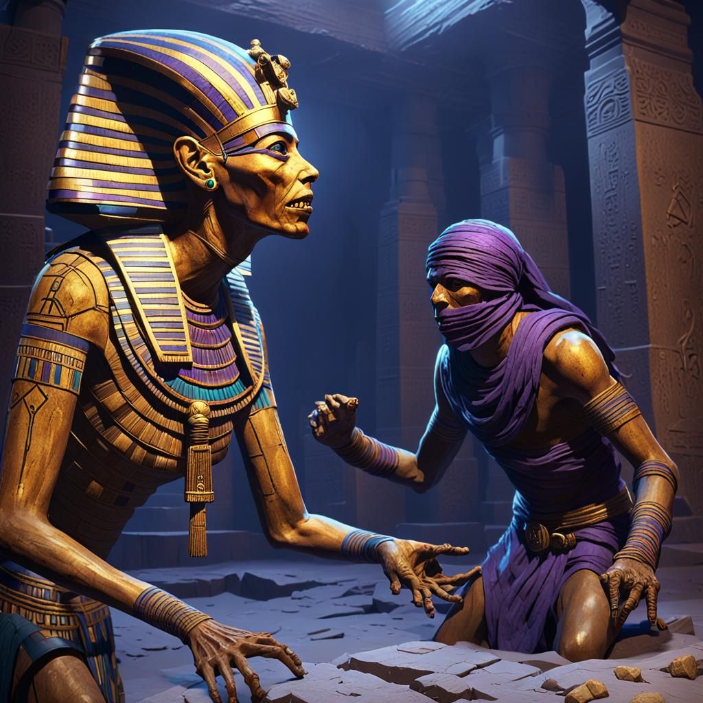 Evil Mummy Attacks Archeologist in Dark Tomb