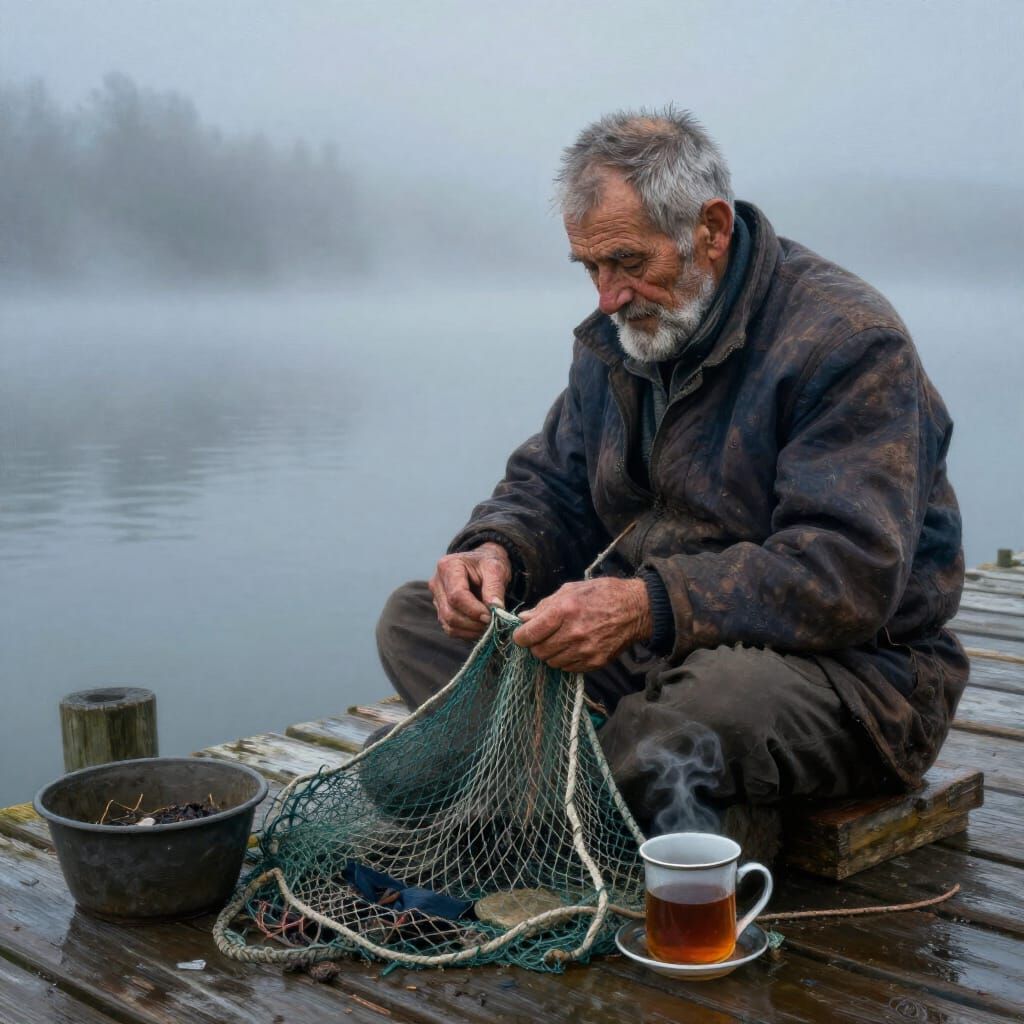 Fisherman Mending Nets on Misty Morning Dock