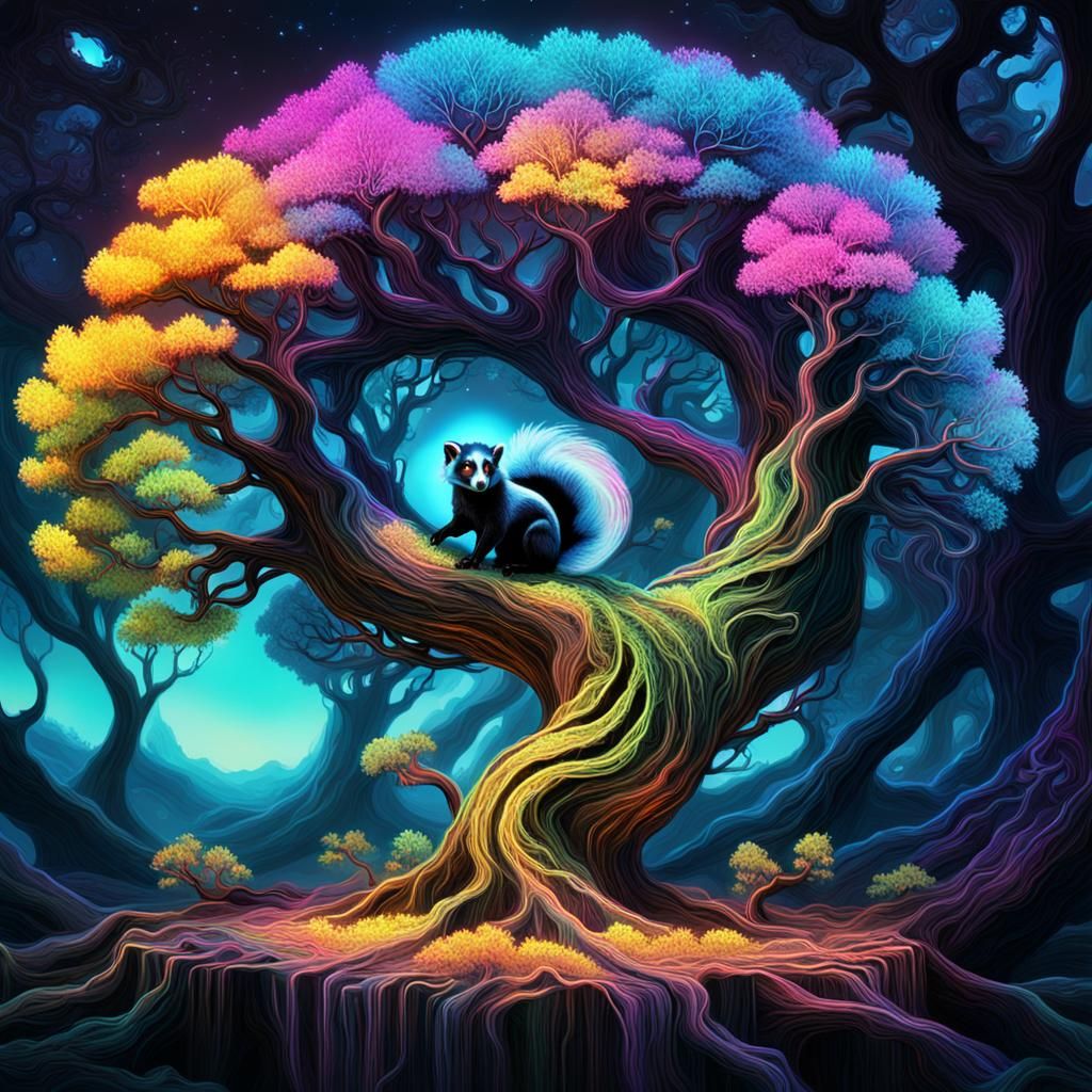 Neon Skunk in a Surreal Tree
