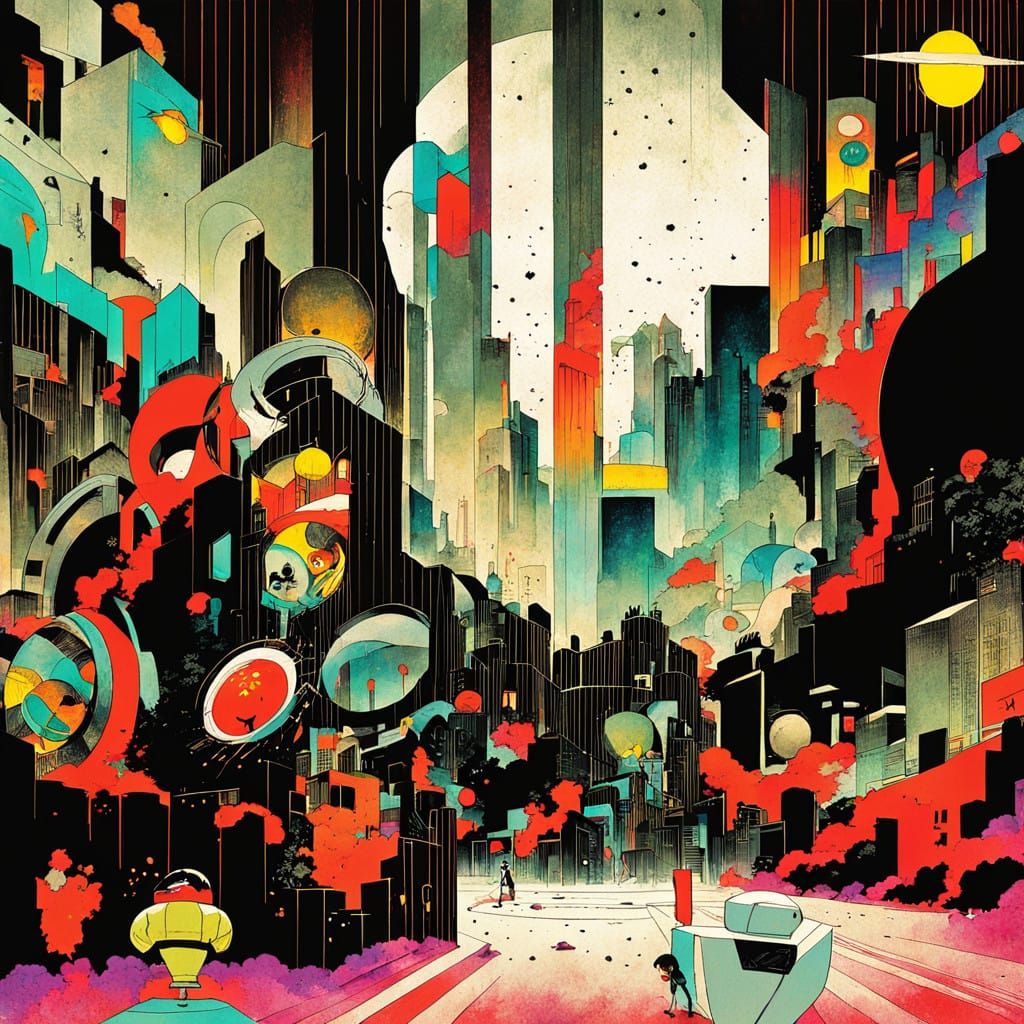 Whimsical Anime Scene with Bold Lines and Bright Colors