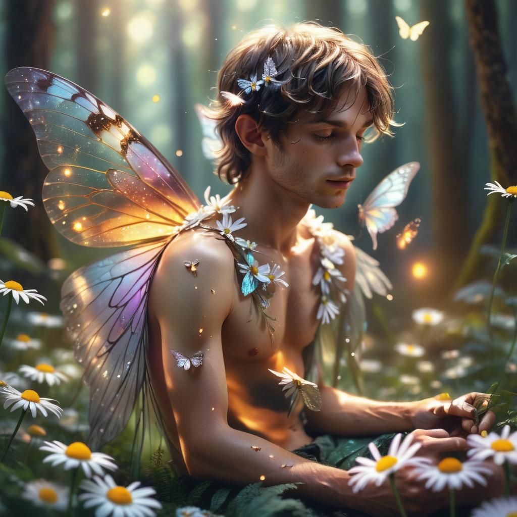 Fairy Man with Butterfly Wings in Mystical Forest