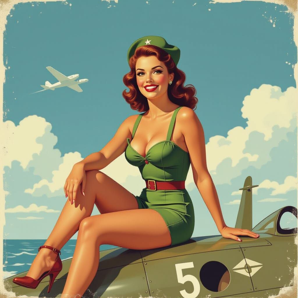 1940s Pin-Up Girl Poses On Missile in Dramatic War Photo Sty...