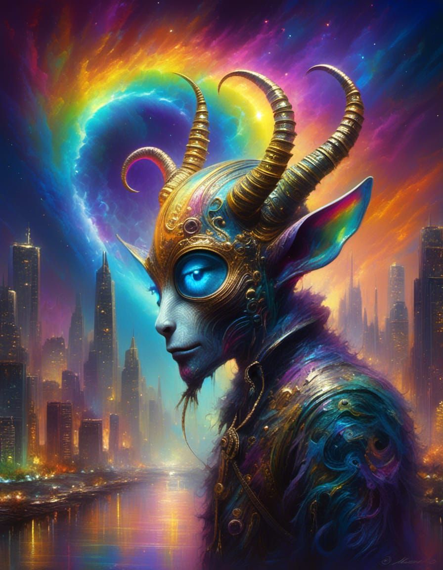 Rainbow Nebula with Neon Cityscape in Digital Art Style