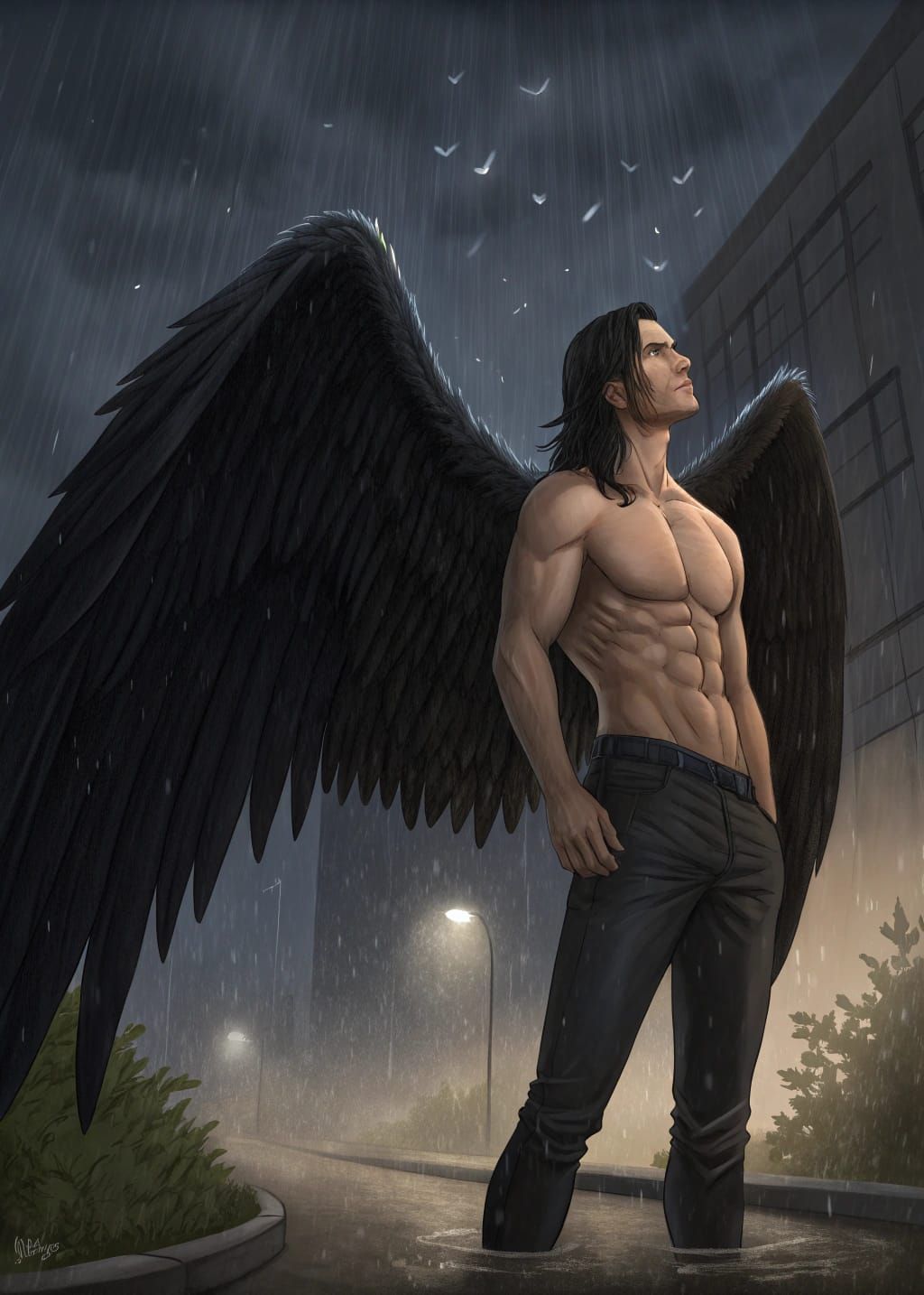 Muscular Man With Enormous Black Wings Standing in Rain