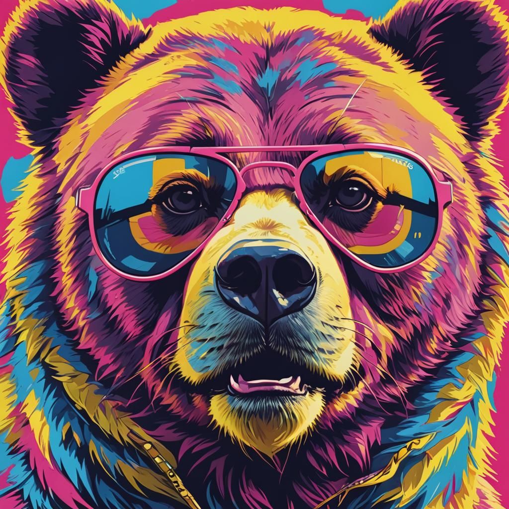 Vibrant Pop Art Bear with Aviator Sunglasses and Retro Glamo...