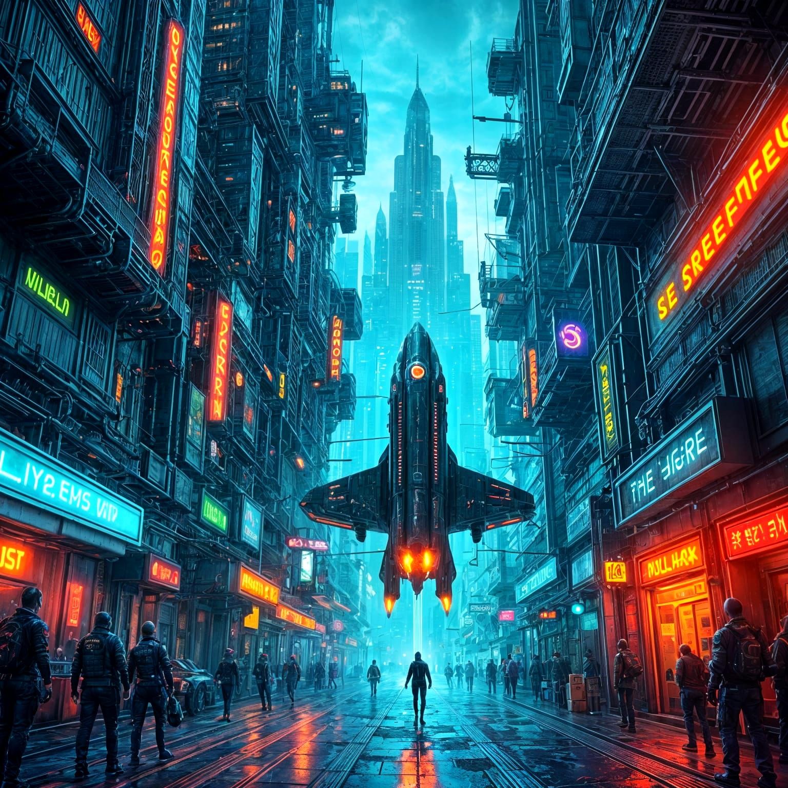 Rocket Soars Through Neon Cyberpunk Cityscape