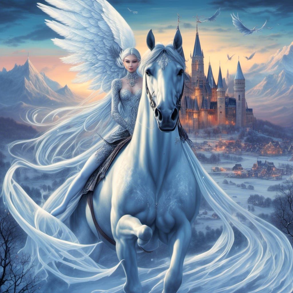 Gothic Angel on Horse with Crystal Wings