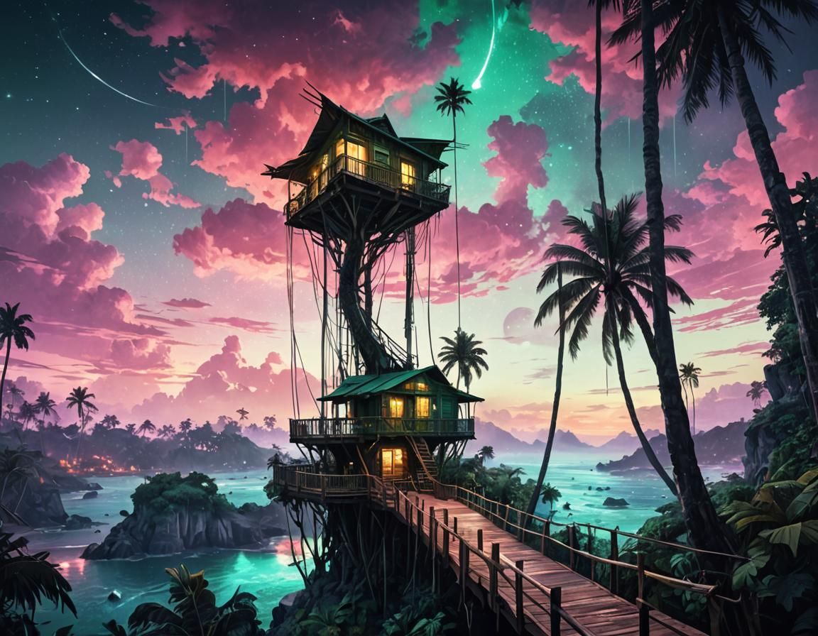 Tropical Palm Treehouse at Night: A Digital Painting