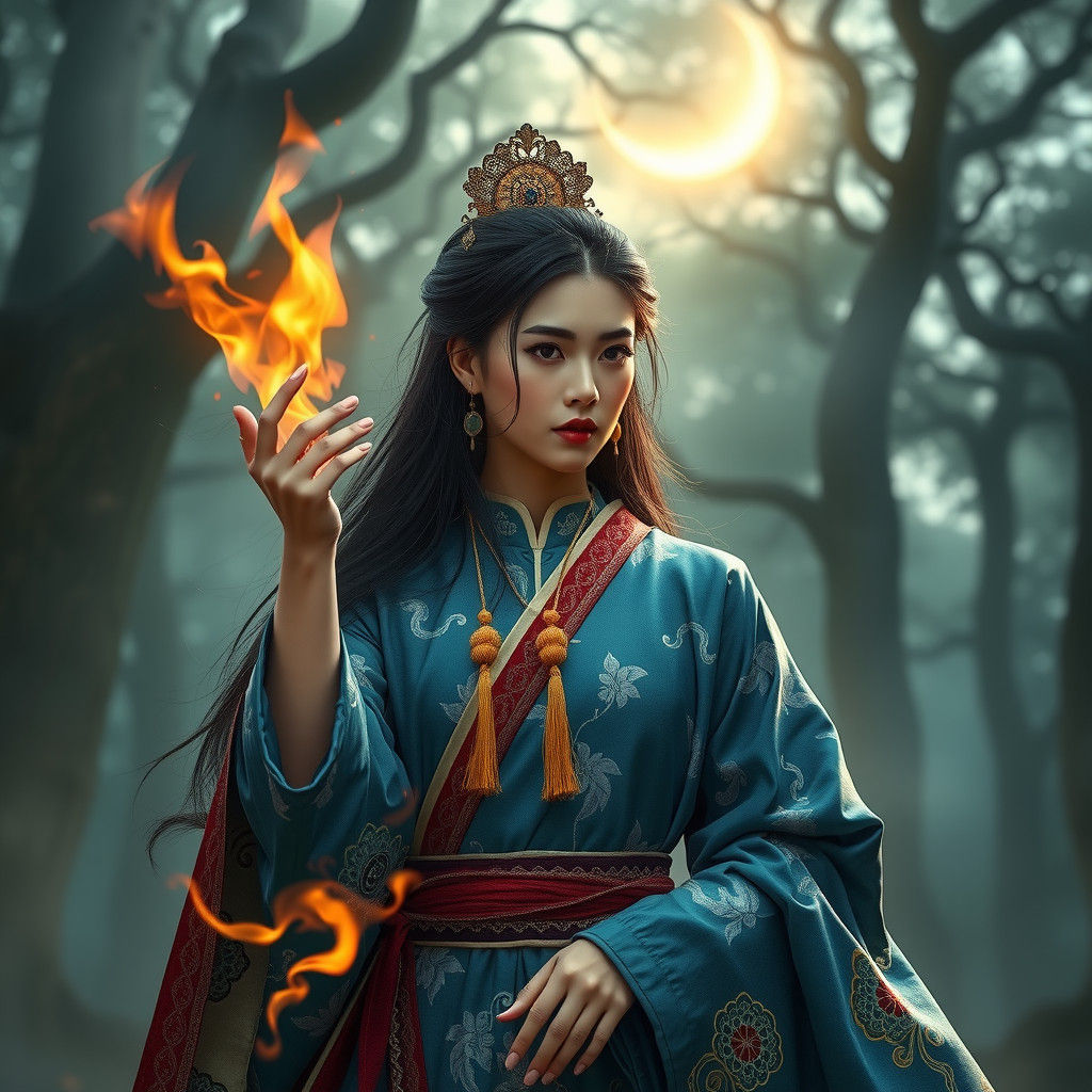 Chinese Enchantress Conjuring Flames in Dreamscape Style