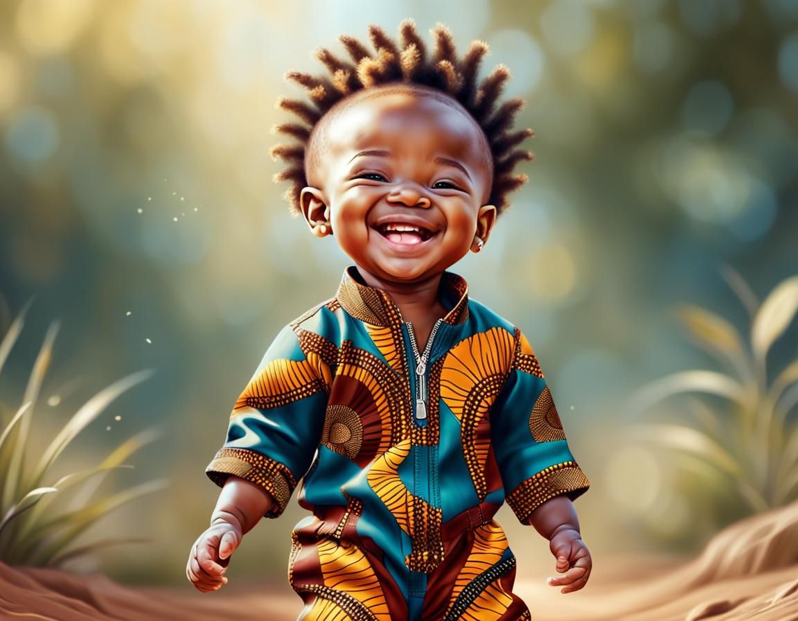 Laughing African Baby Boy Playing: Digital Oil Painting