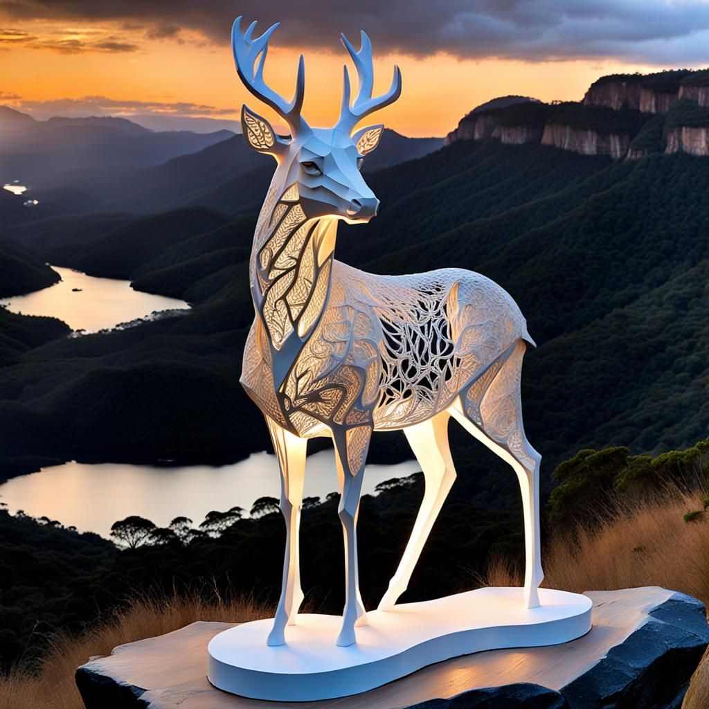 Glowing Deer Sculpture in Mountain Sunset
