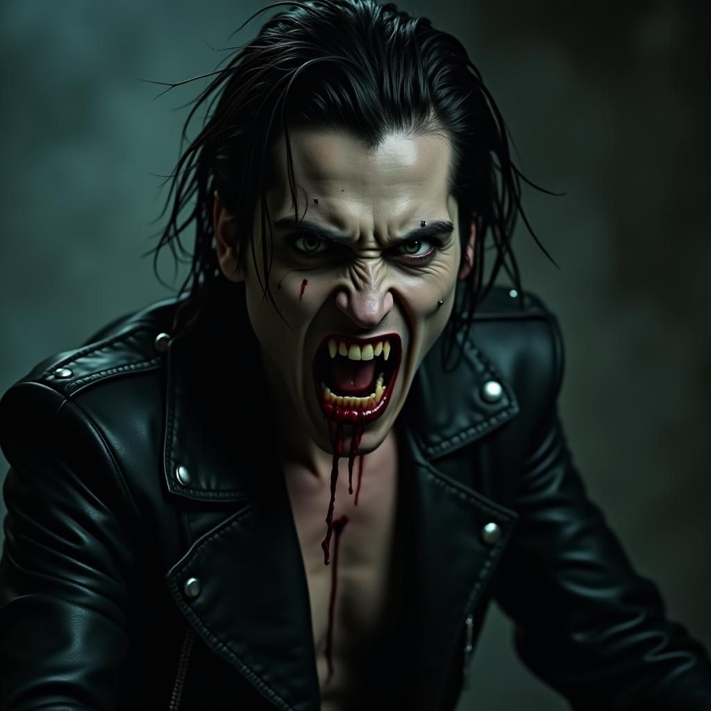 Vampire with Dripping Blood in Film Noir Style