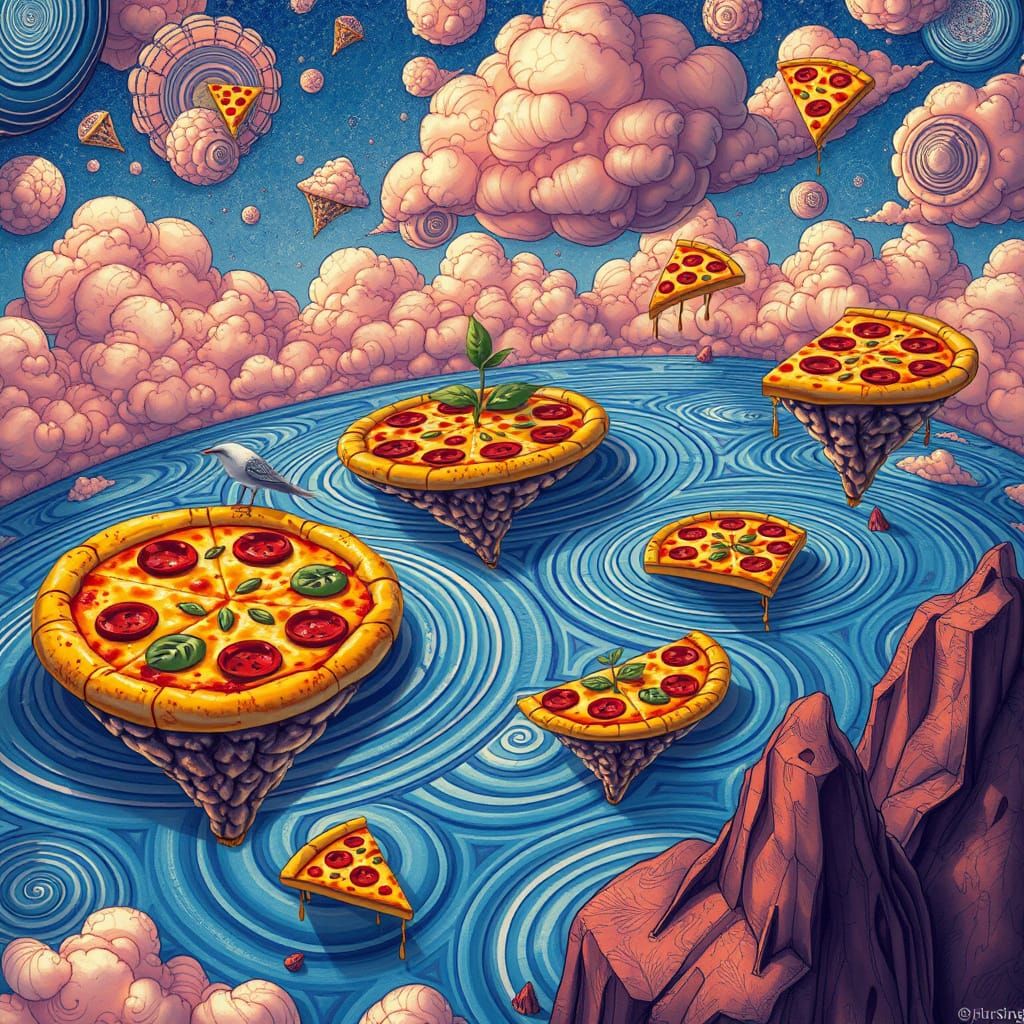 Pizza Slice Islands in Surreal Fantasy Landscape