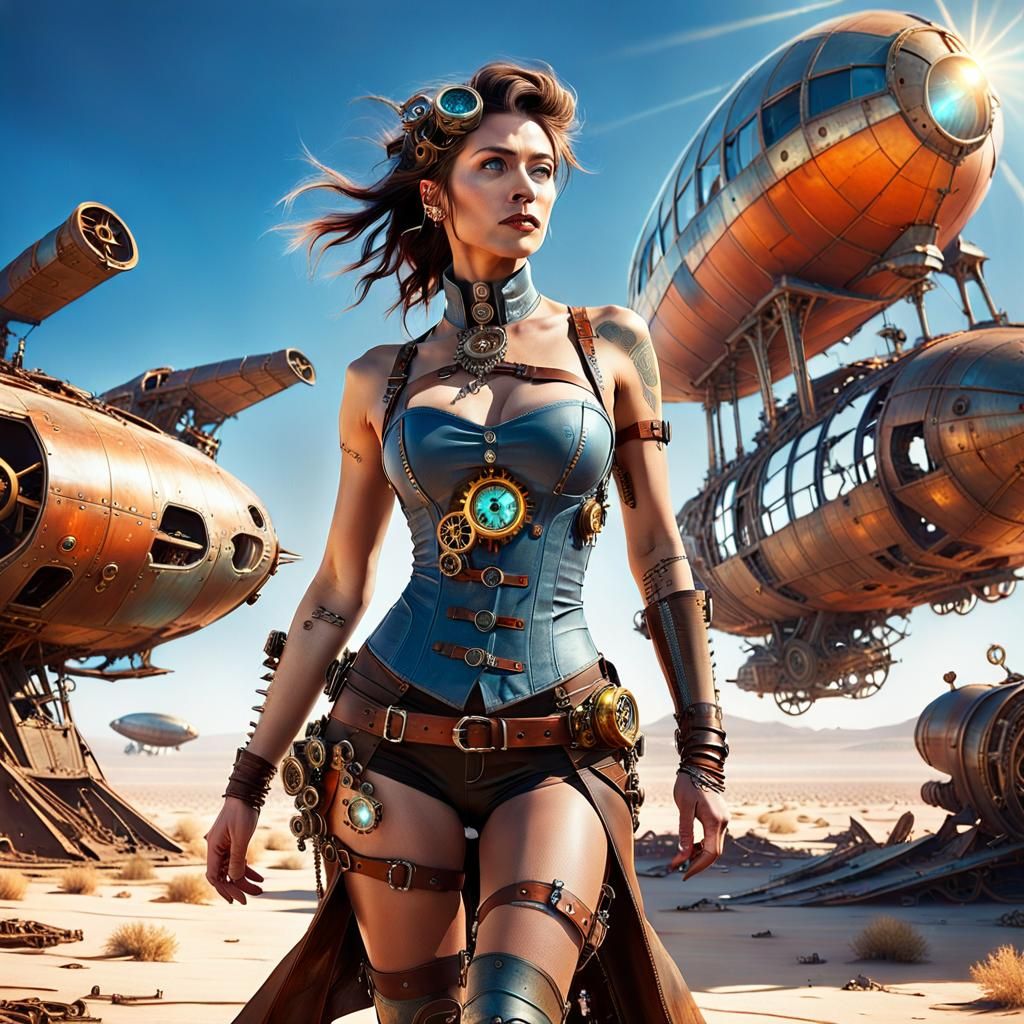Steampunk Woman in Futuristic Desert Landscape