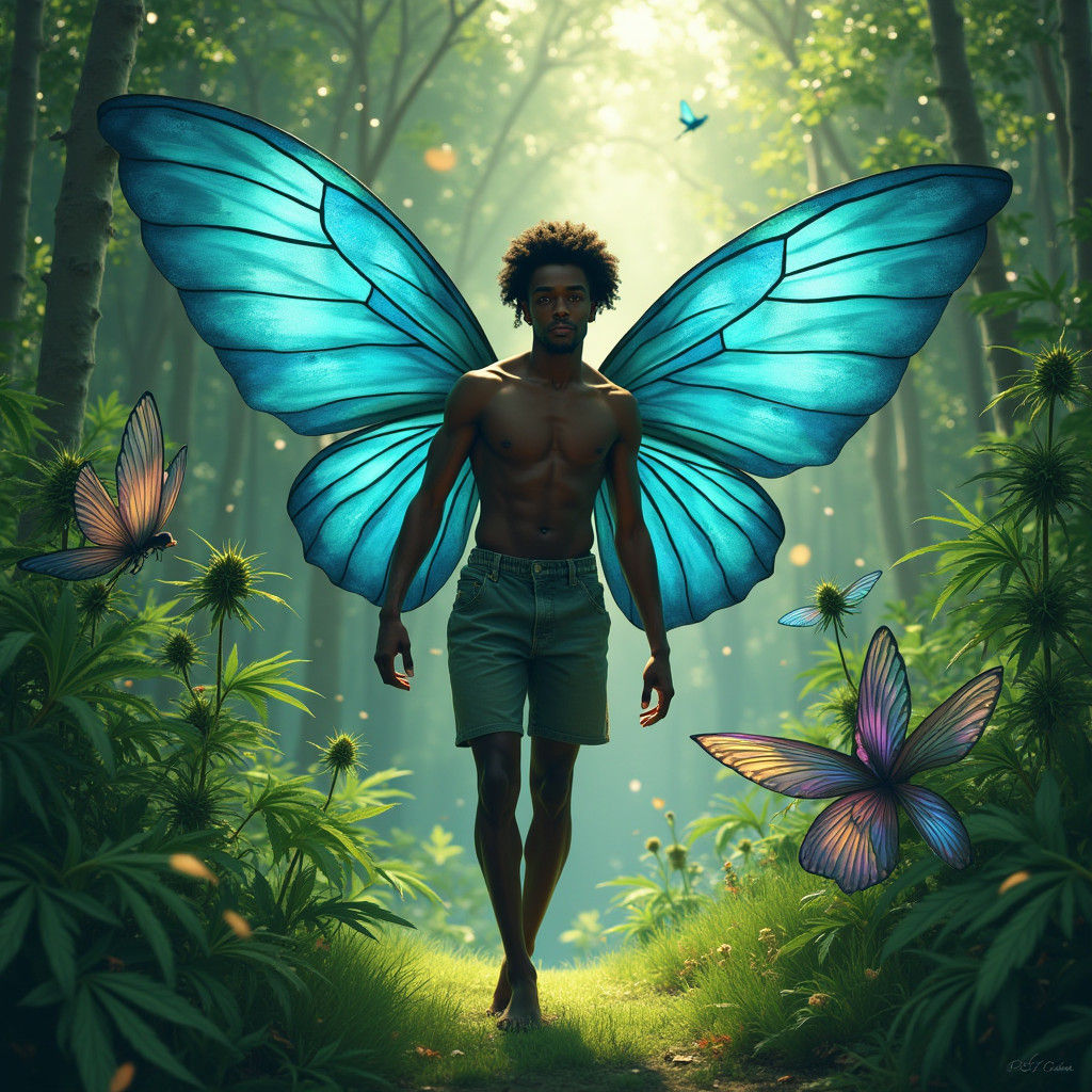 Winged Man in Cannabis Valley, Art Nouveau Style