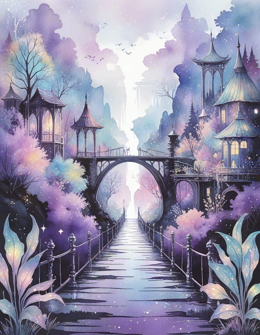 Magical Bridge to Mystical Realm, Watercolor Illustration