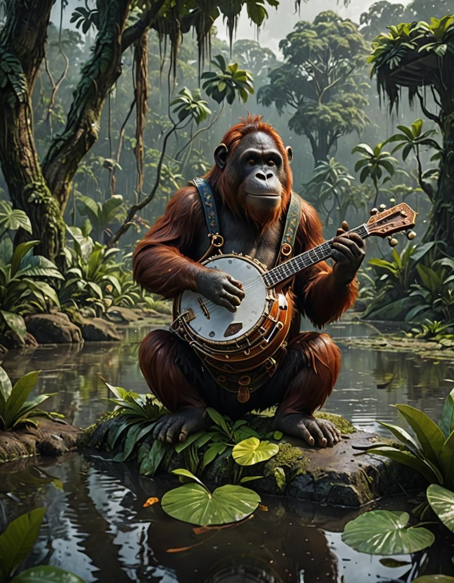 Orangutan Banjo Player in Rainforest: Detailed Matte Paintin...