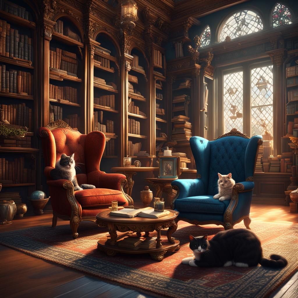 Cats in Armchair in Cozy Library: Matte Painting