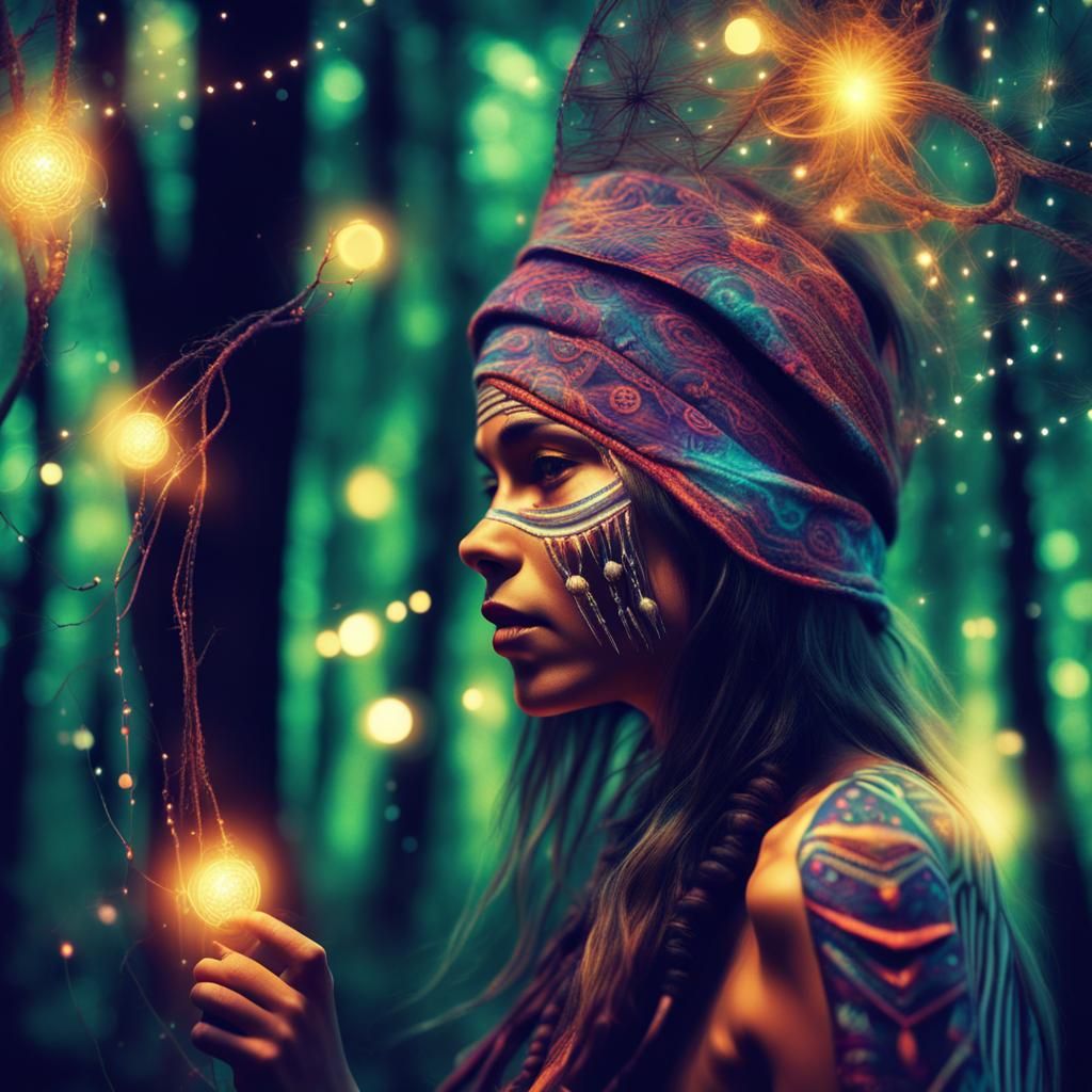 Tribal Woman in Psychedelic Magical Forest