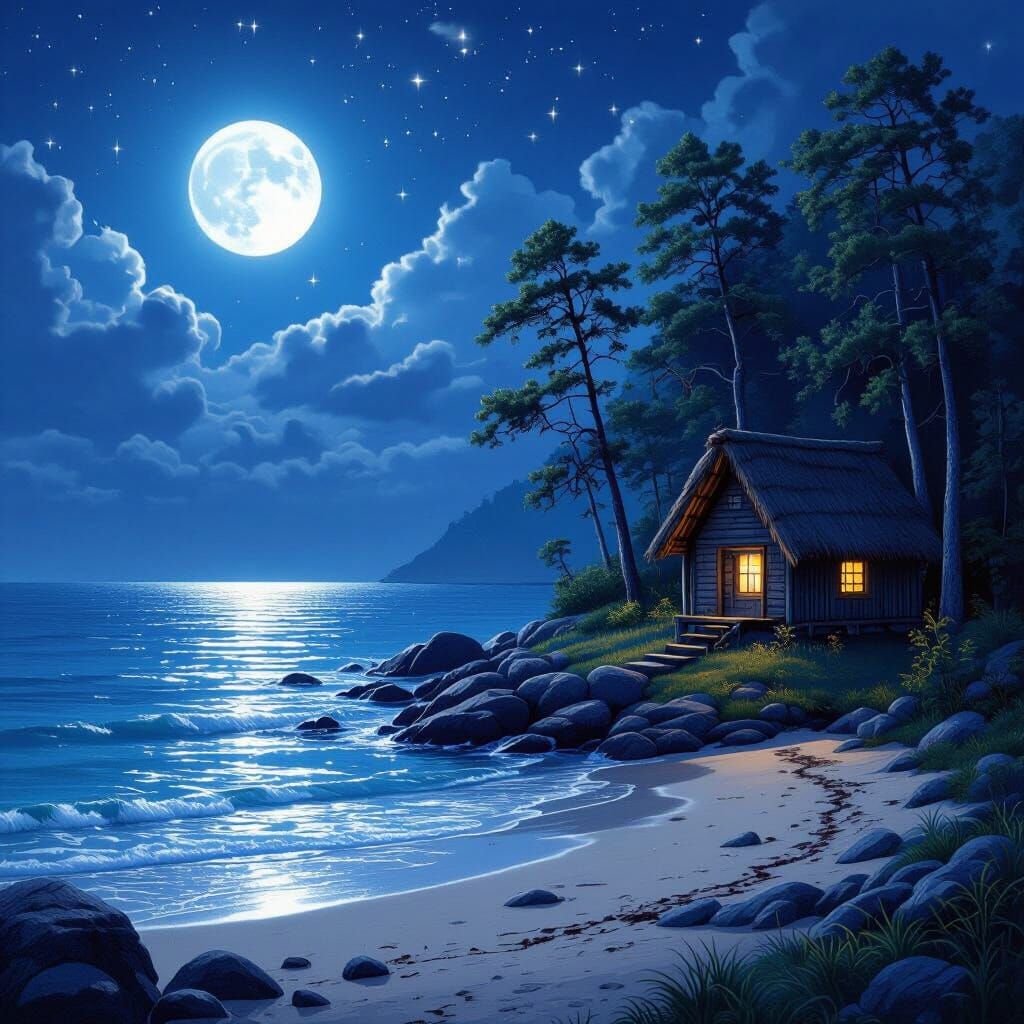 Moonlit Hut on a Serene Seaside Forest