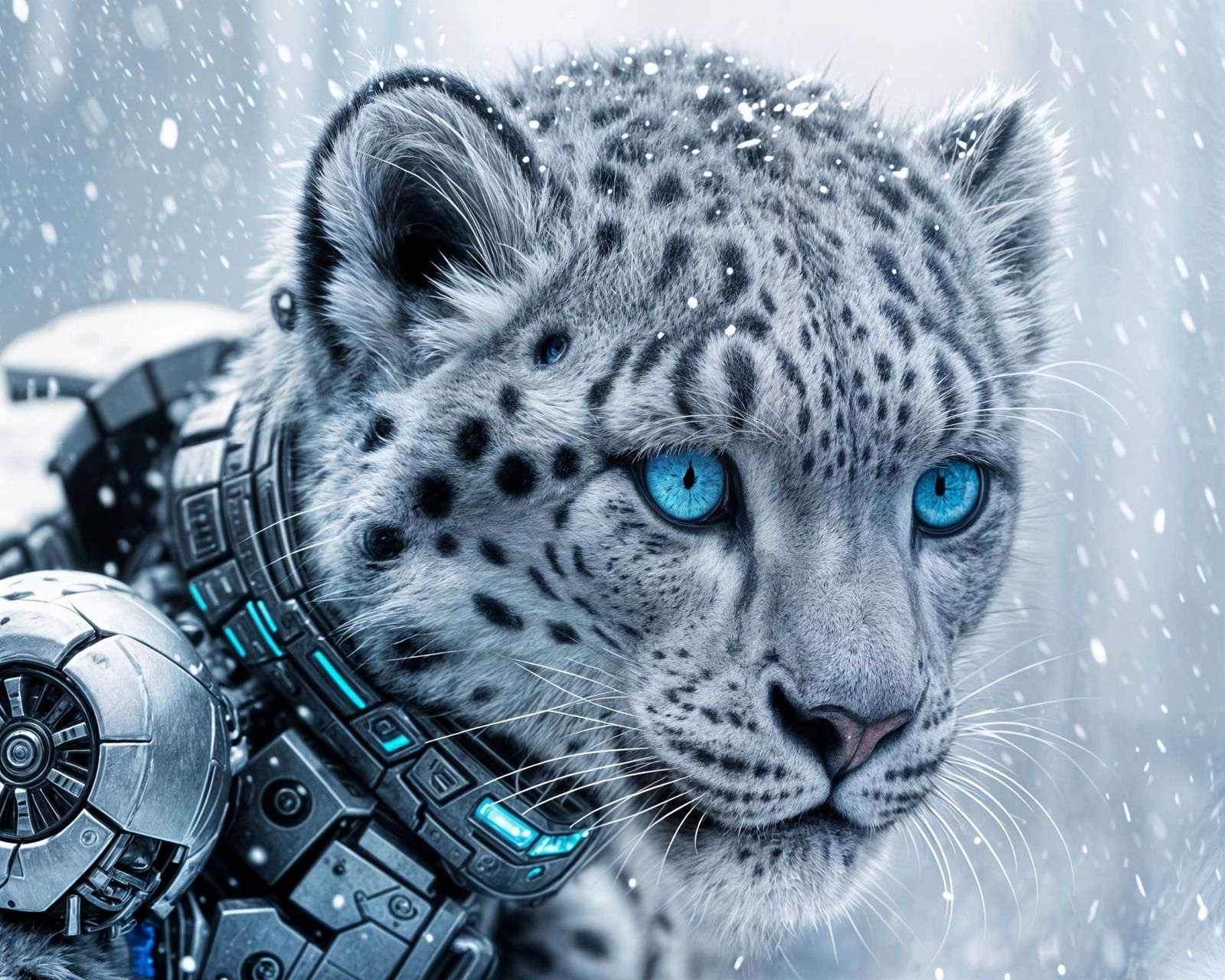 Cyborg Snow Leopard Cub in Snowy City