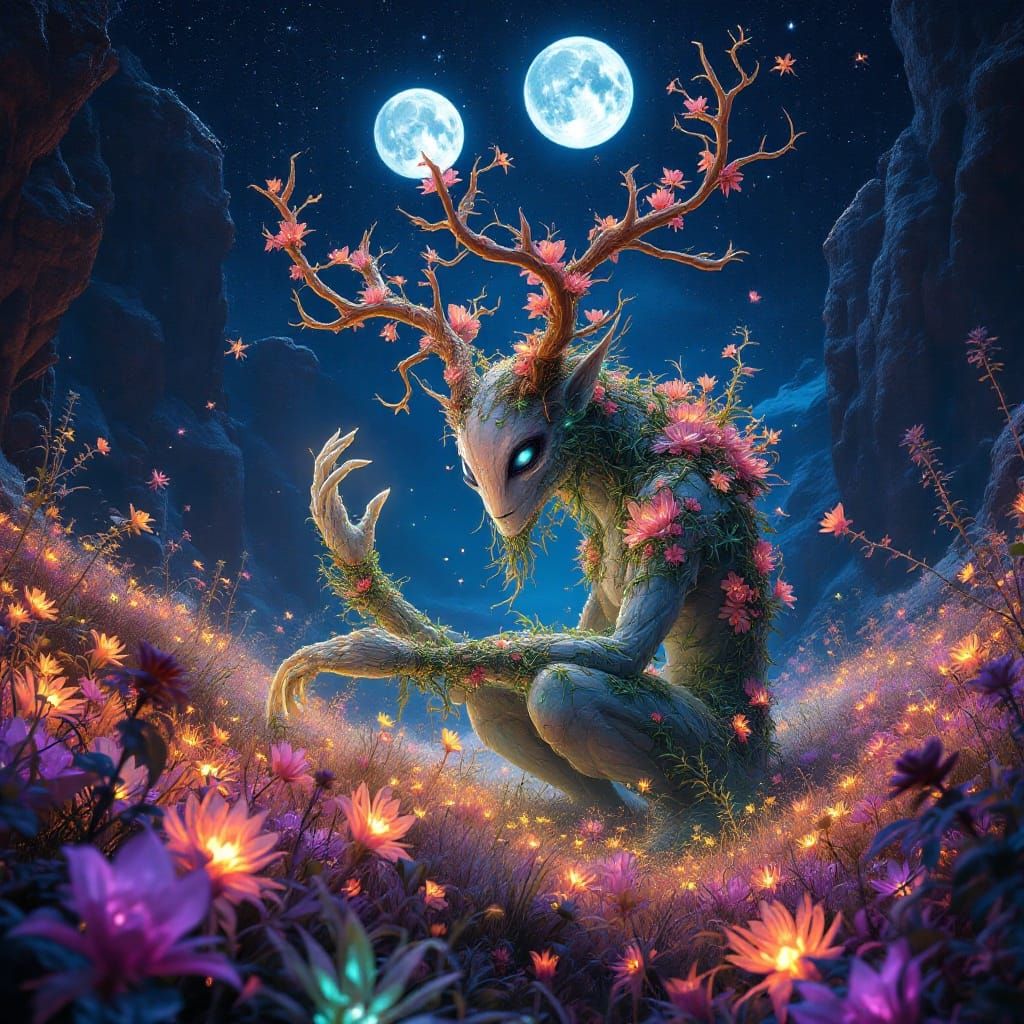 Surreal Bioluminescent Landscape Under Twin Moons