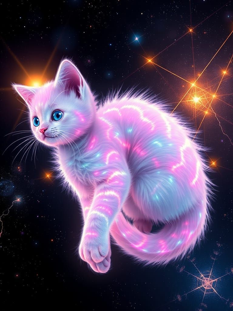 Celestial Kitten in Cosmic Lightning: Alcohol-Ink Painting