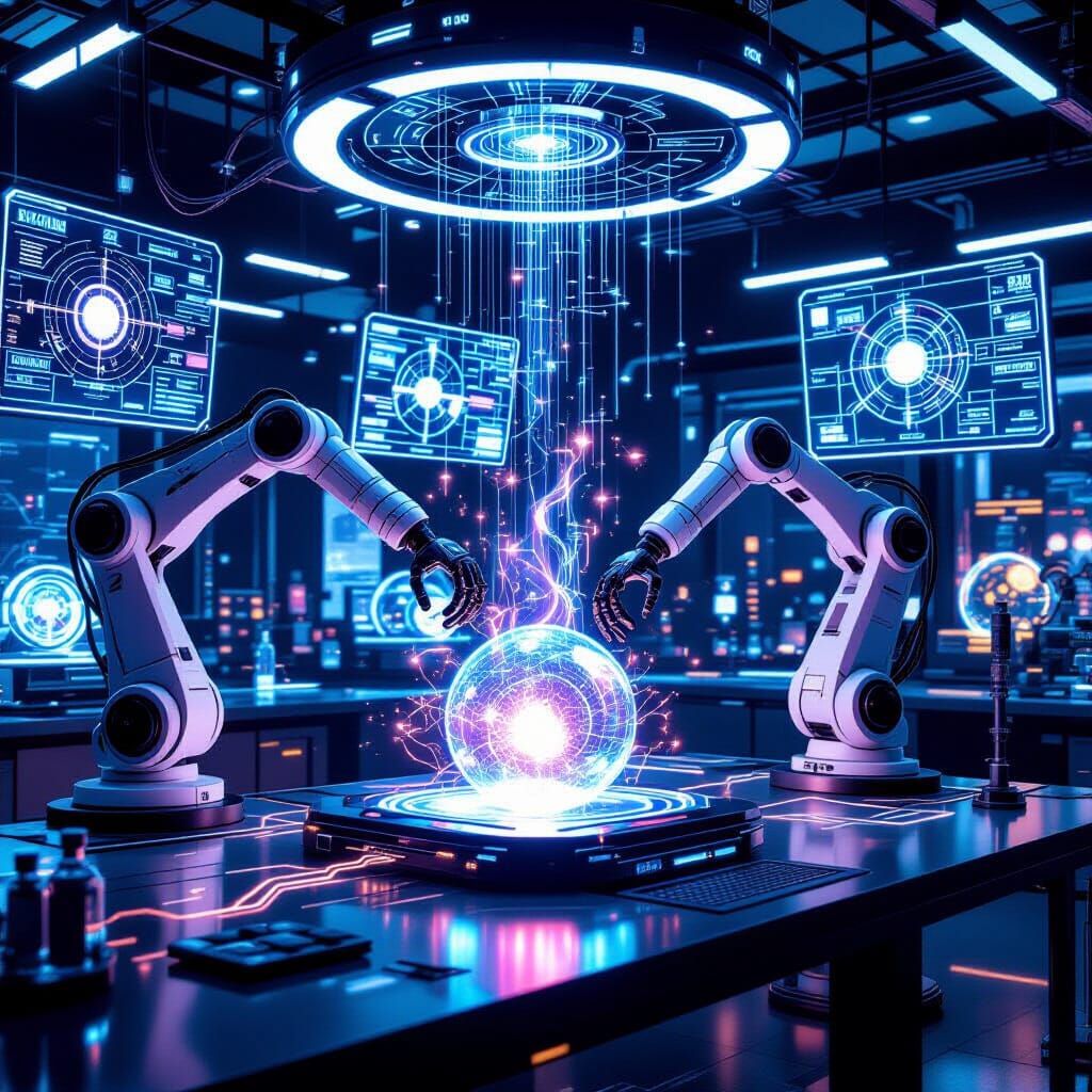 Futuristic Lab with Glowing Devices and Holograms