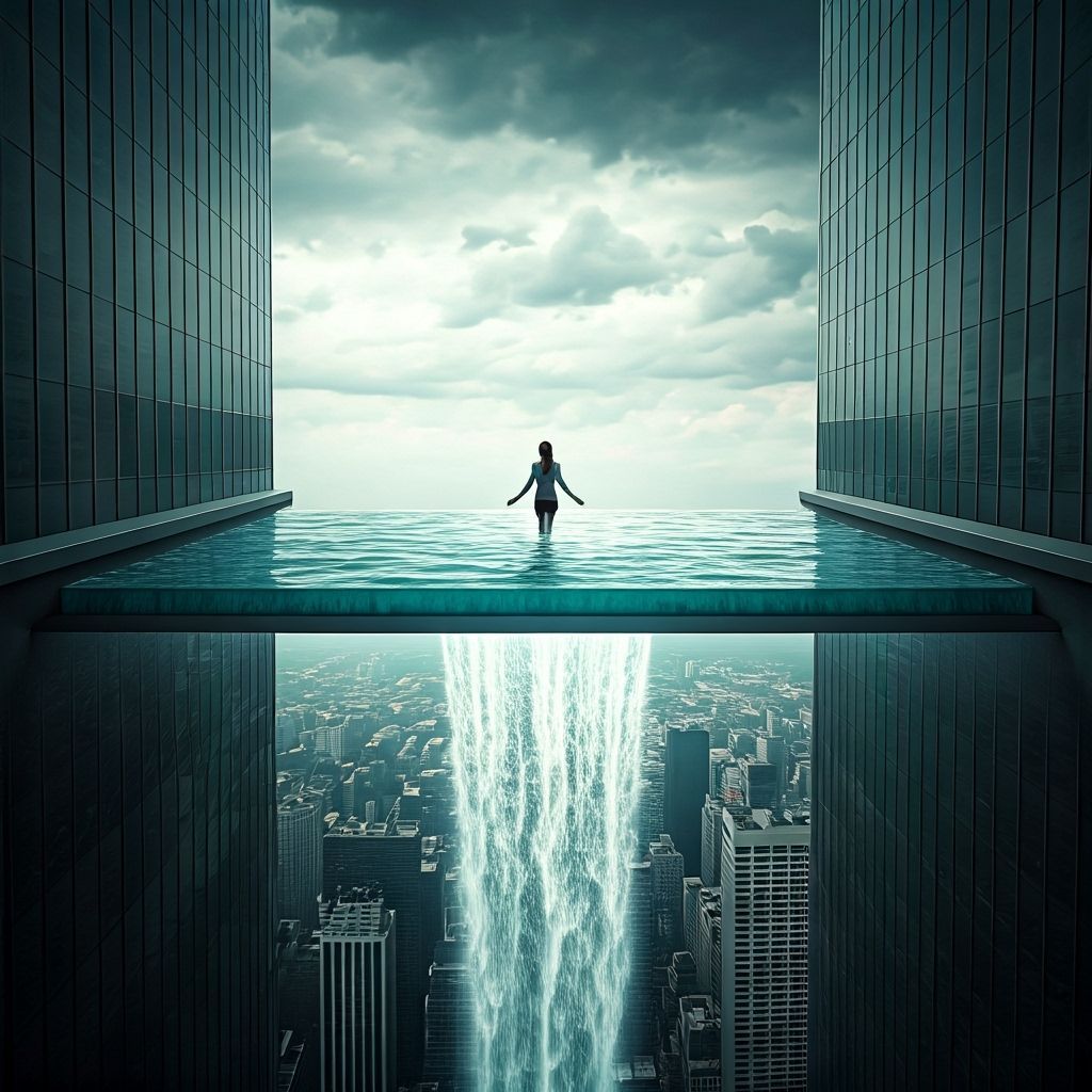 Woman Swims Between Skyscrapers in Photorealistic Style