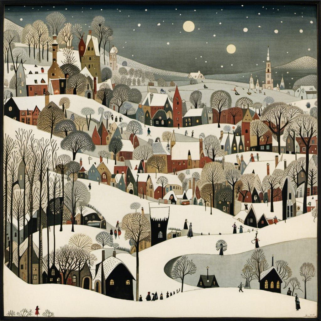 Enchanted Village in Snow, Vintage Illustration