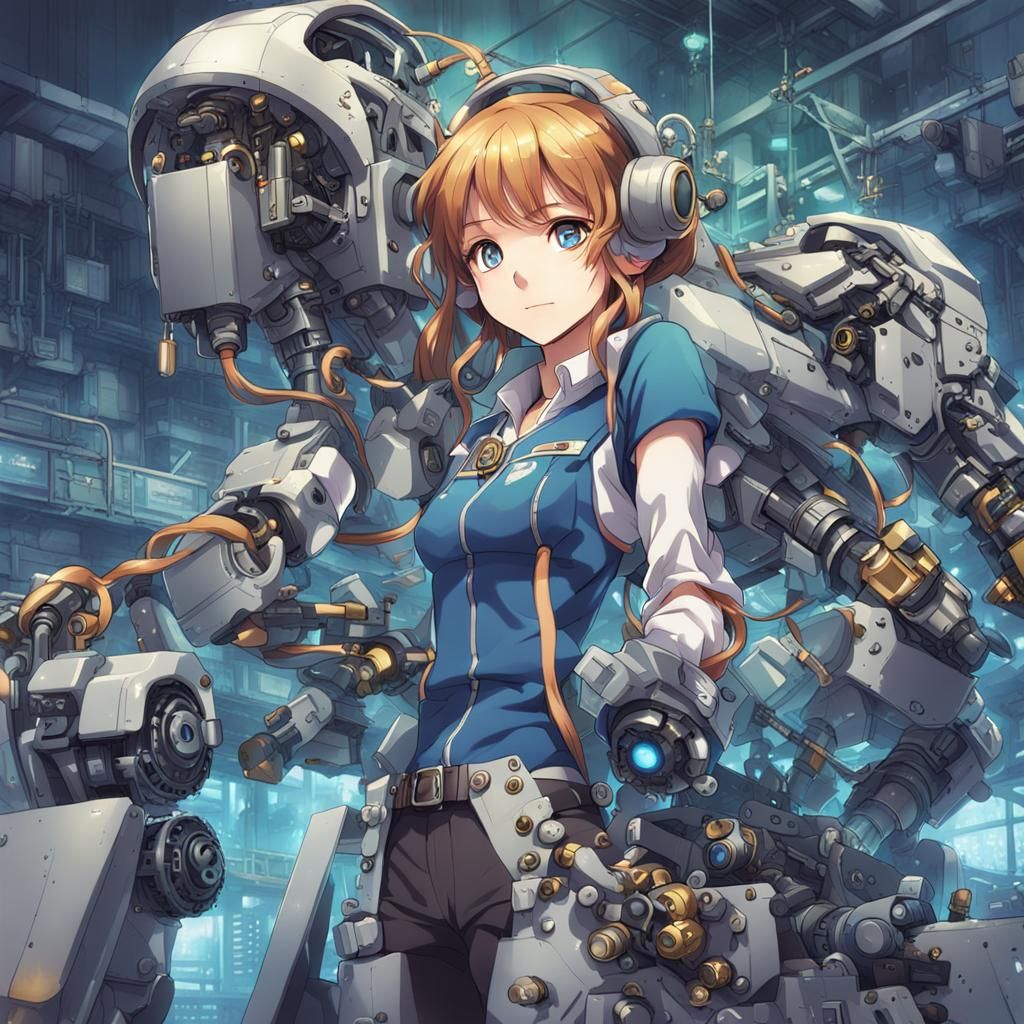 Mechanical Goddess Assembling a Robot, in Anime Art