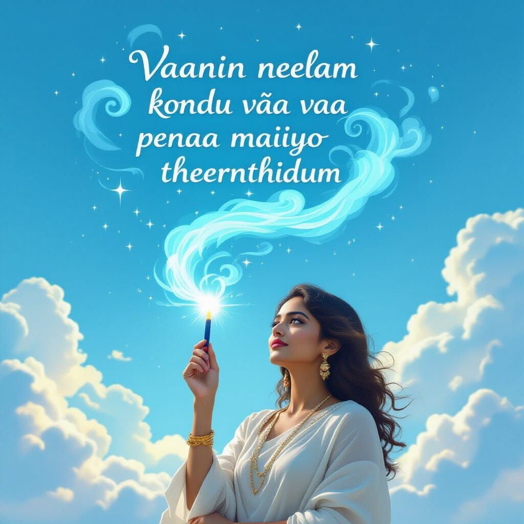 South Asian Woman with Celestial Pen Under Dreamlike Sky