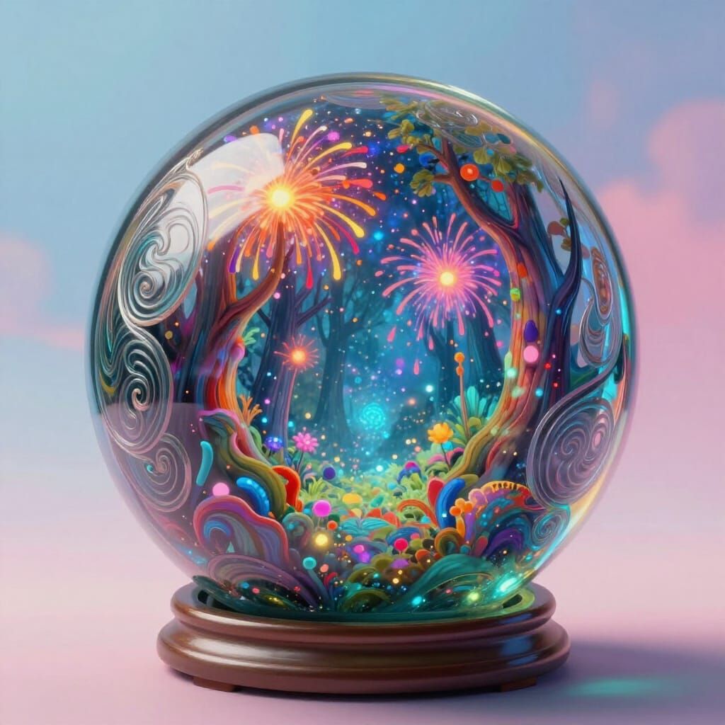 Enchanted Forest in Carved Glass Orb with Colorful Splatters
