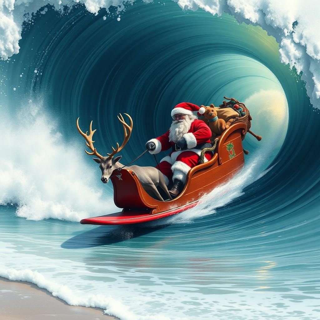 Santa's Surfing Sleigh Ride Amidst Epic Beach Scenes