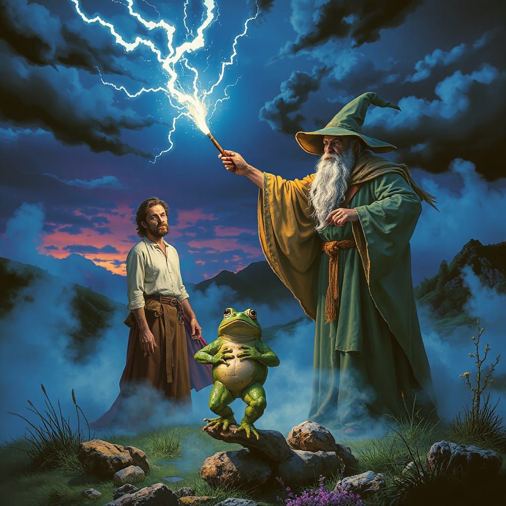 Wizard Transforms Man Into Toad in Misty Moors Dark Fantasy