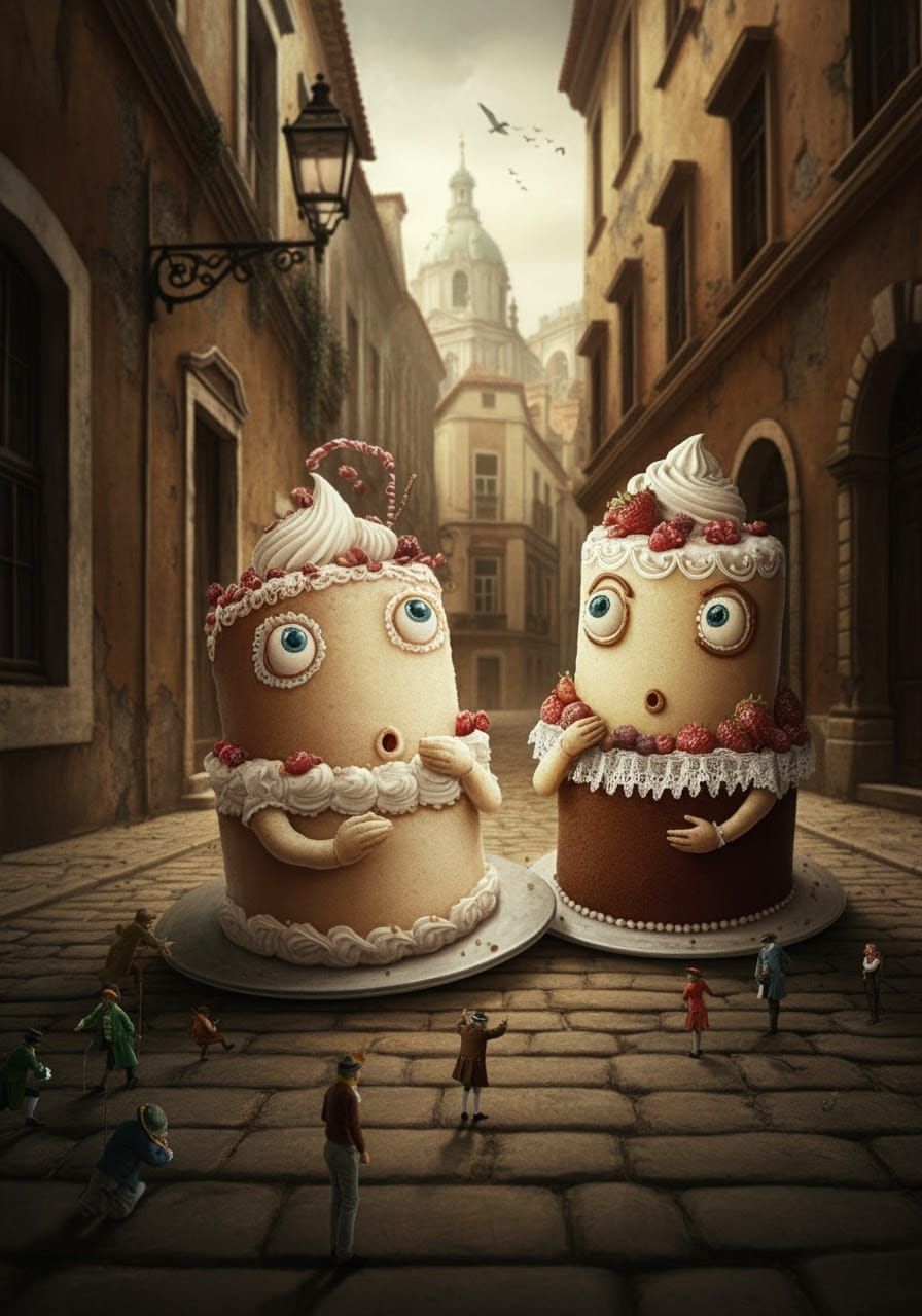 Anthropomorphic Cakes Attacked in Baroque Street Scene