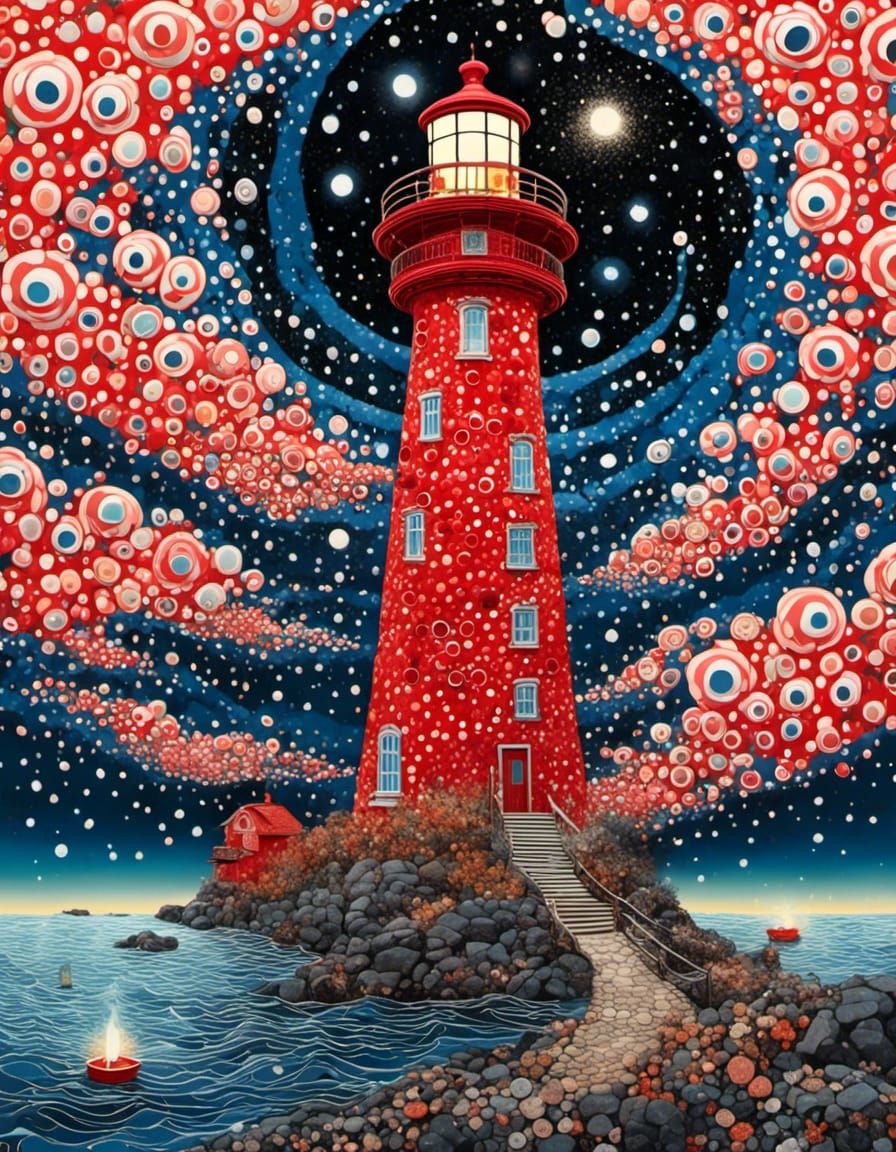 Lighthouse at Dawn in Polka Dot Style