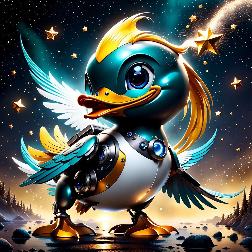 Whimsical Robot Duck in Surreal Fantasy Landscape