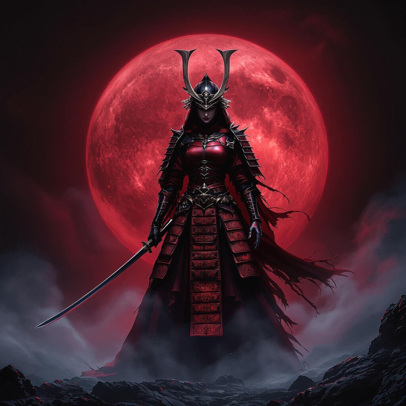 Crimson Samurai Under Blood Moon in Dreamlike Landscape