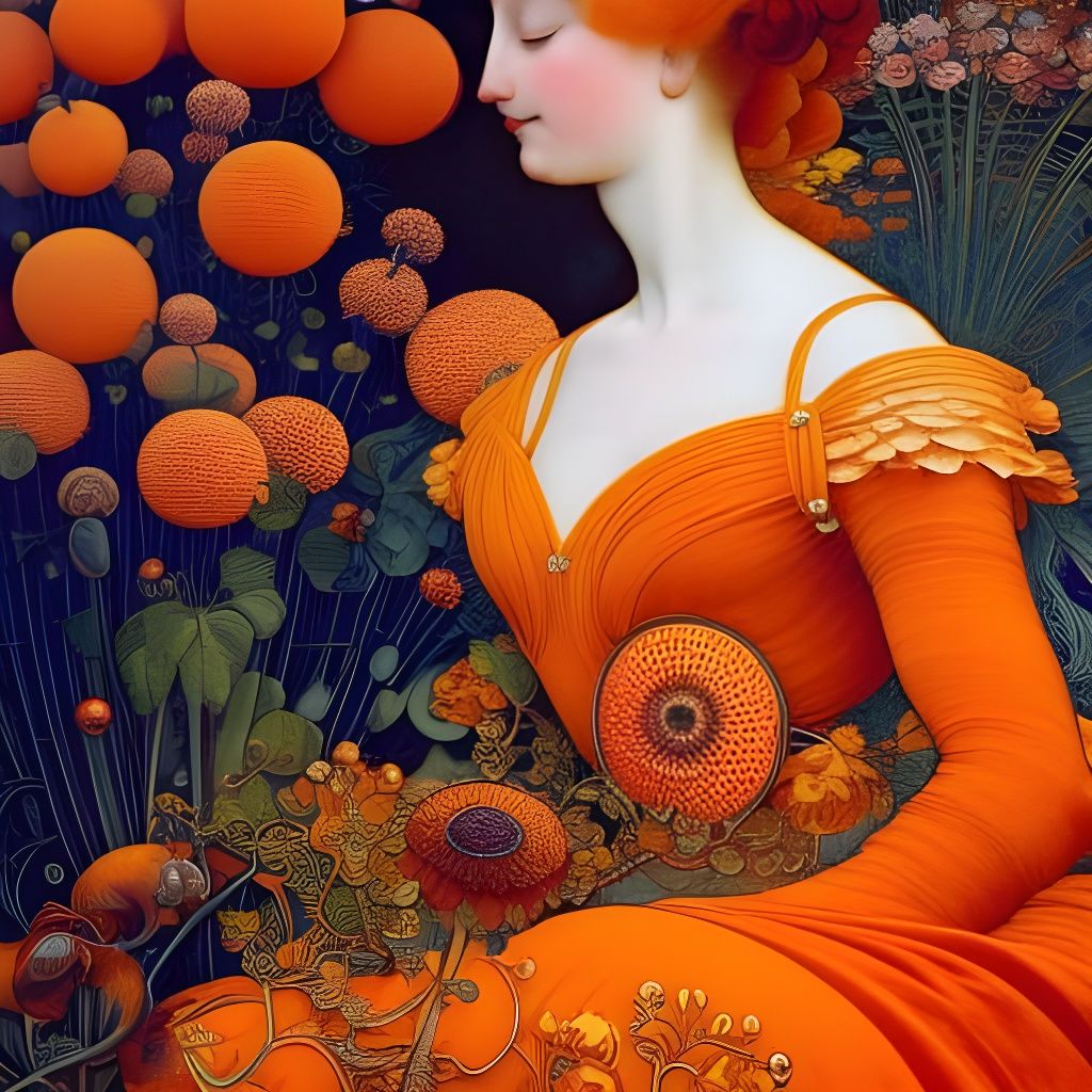 Orange-Haired Girl with Flowers: Art Nouveau Digital Paintin...