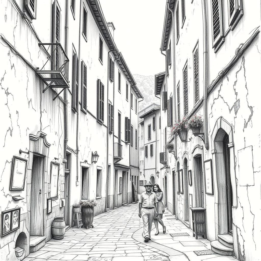 Italian Couple in Village: Schematic Pencil Art