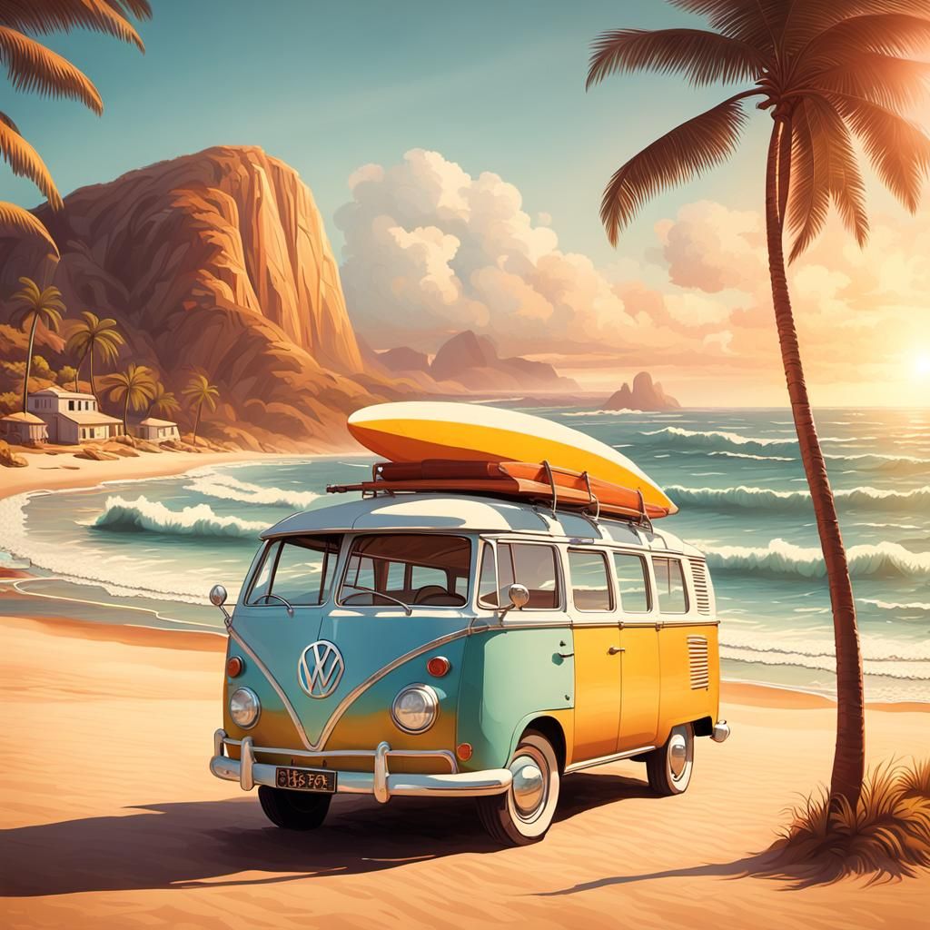Surreal 1950s VW Bus Surfs Beach at Sunset in Retro Style