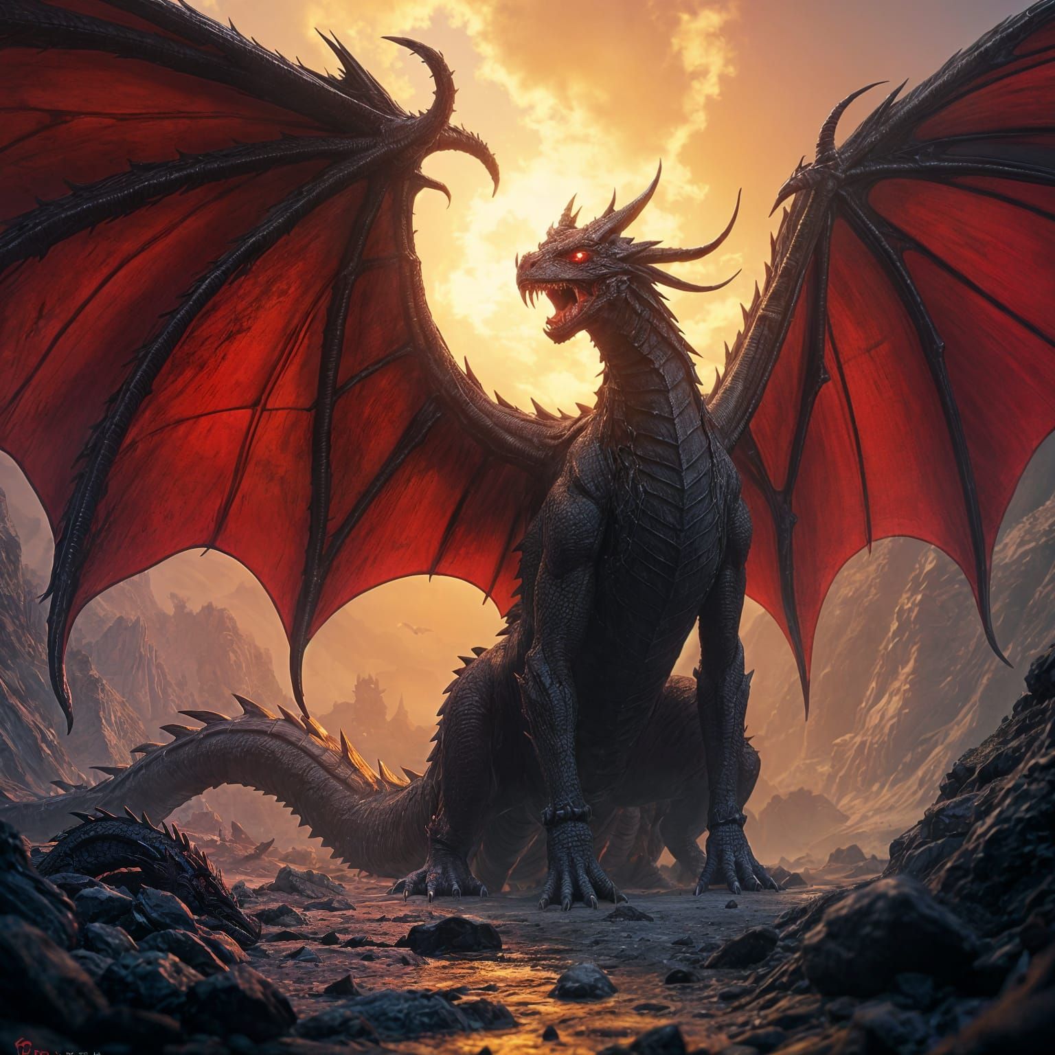 Cyberpunk-Inspired Black Dragon with Vibrant Red Wings
